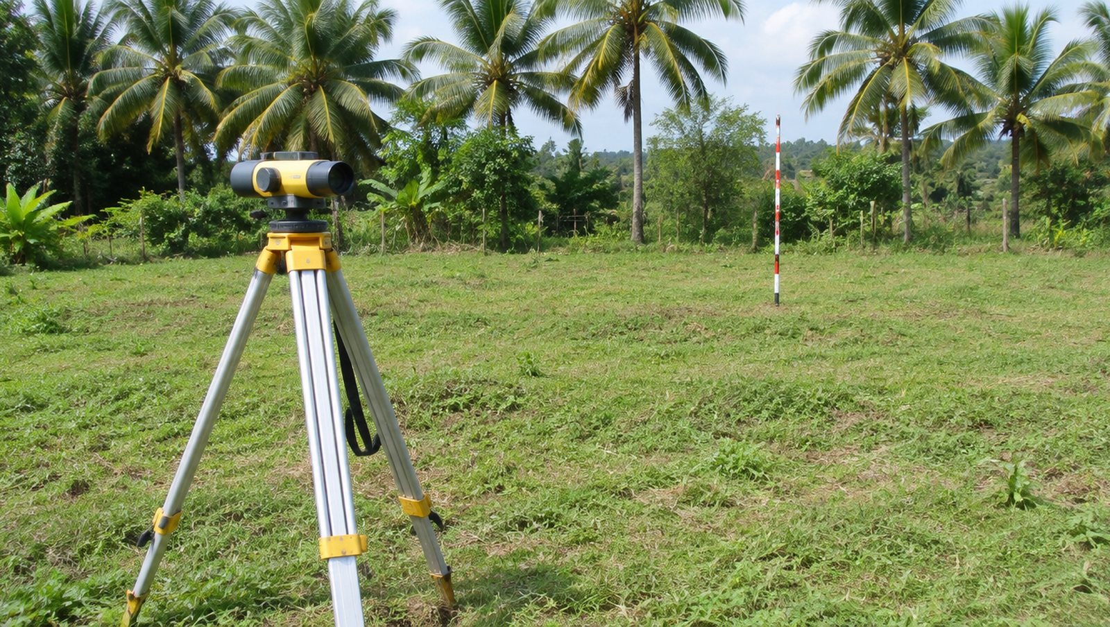 A surveyor's tripod set up on an empty plot of land