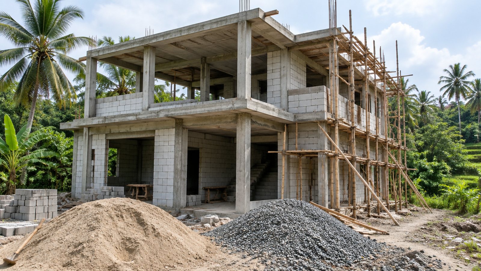 A partially built concrete-frame villa with bamboo scaffolding