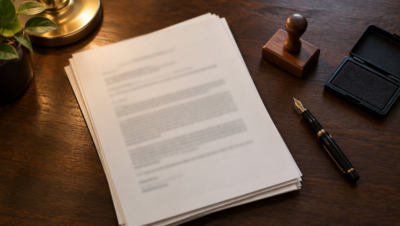 Formal documents on a desk with a stamp and pen