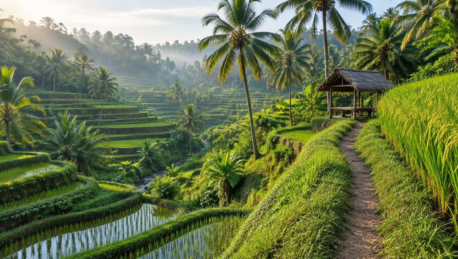 Rice terraces stepping down a valley with a footpath